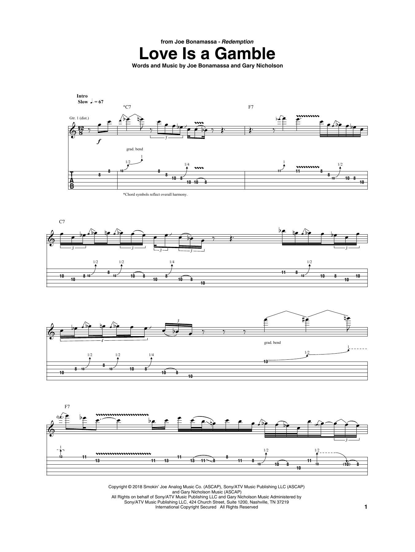Joe Bonamassa Love Is A Gamble sheet music notes and chords arranged for Guitar Tab