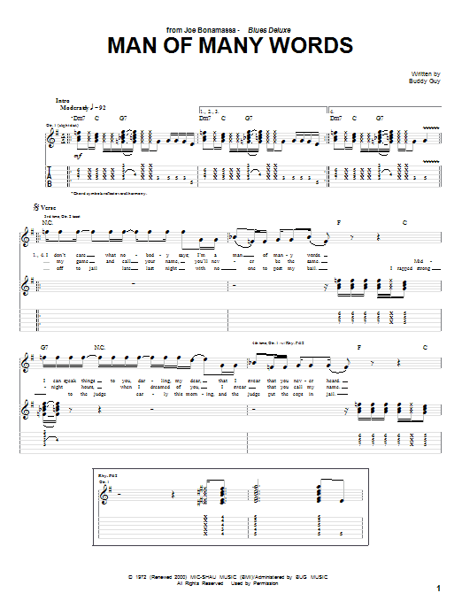 Joe Bonamassa Man Of Many Words sheet music notes and chords arranged for Guitar Tab