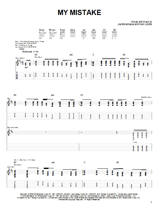 Joe Bonamassa My Mistake sheet music notes and chords arranged for Guitar Tab