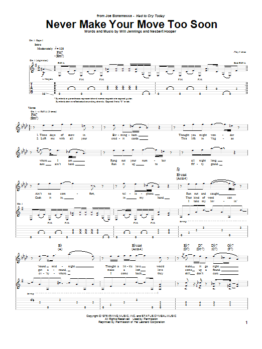 Joe Bonamassa Never Make Your Move Too Soon sheet music notes and chords arranged for Guitar Tab (Single Guitar)