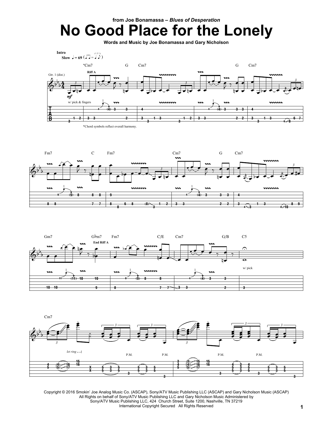 Joe Bonamassa No Good Place For The Lonely sheet music notes and chords arranged for Guitar Tab