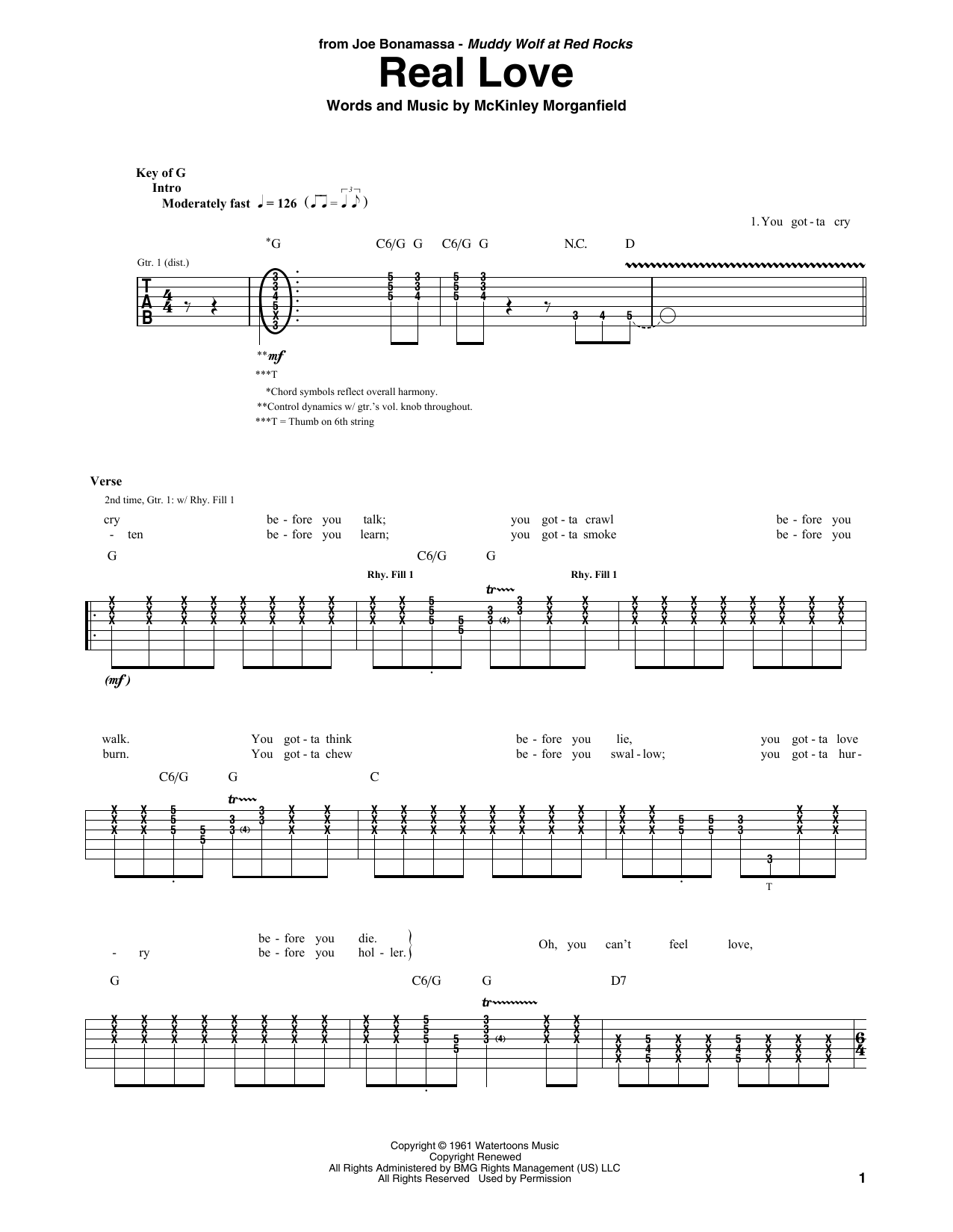Joe Bonamassa Real Love sheet music notes and chords arranged for Guitar Rhythm Tab