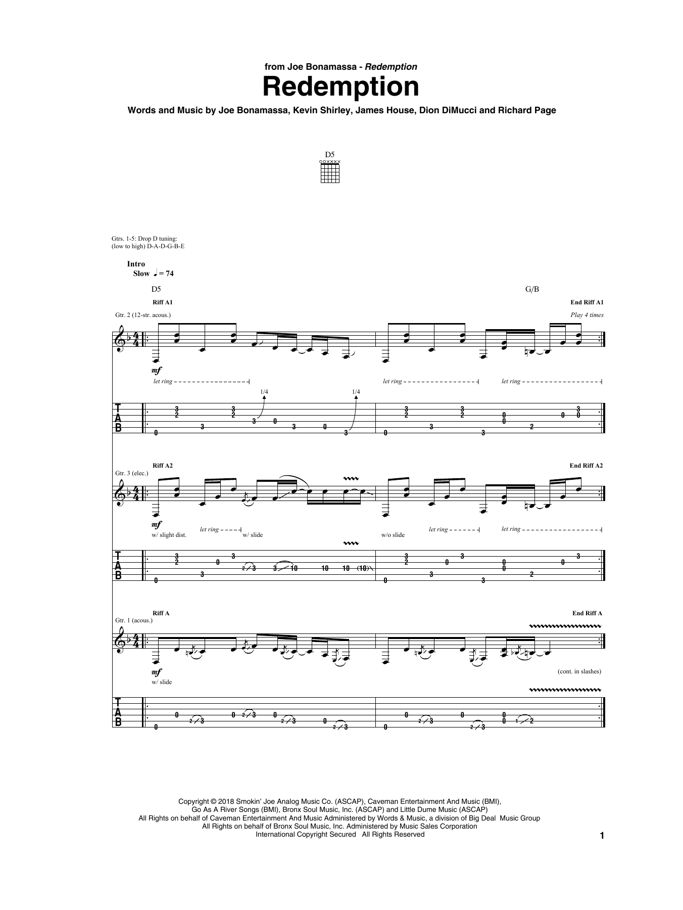 Joe Bonamassa Redemption sheet music notes and chords arranged for Guitar Tab