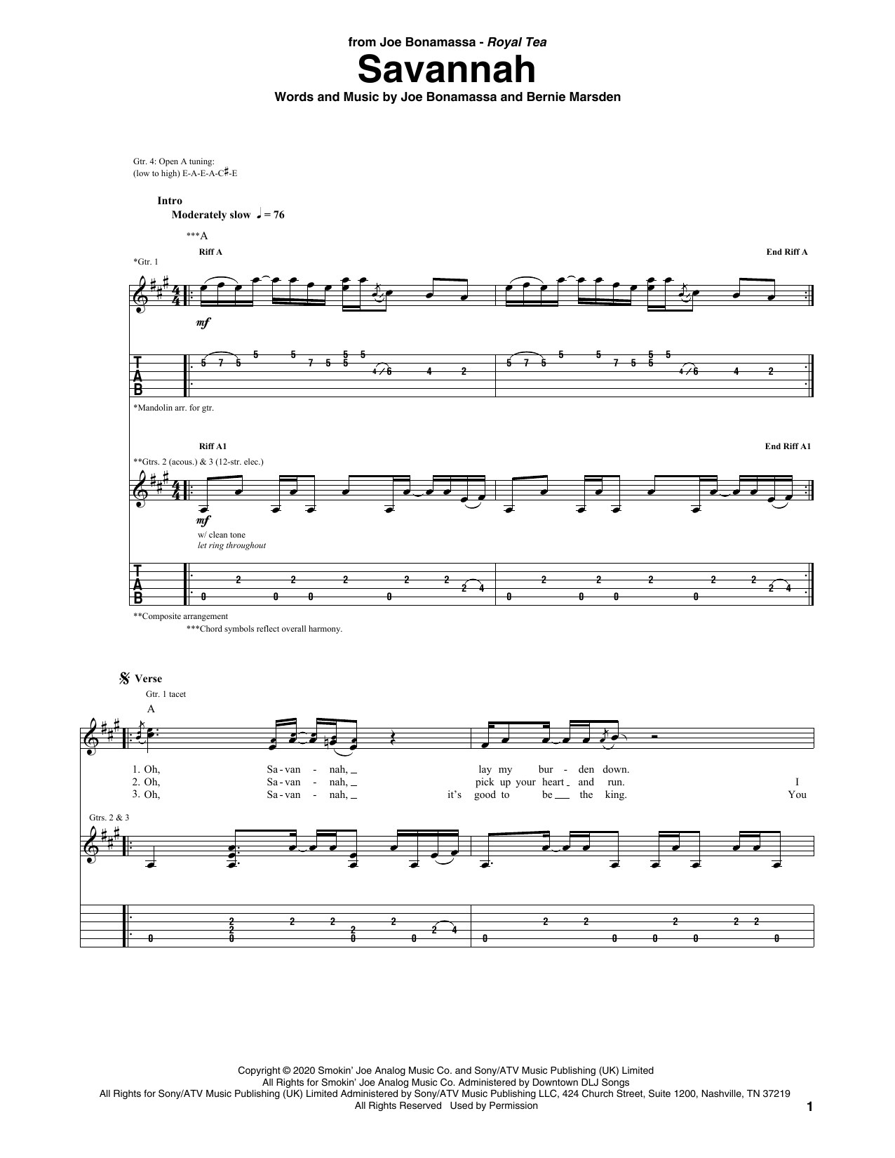 Joe Bonamassa Savannah sheet music notes and chords arranged for Guitar Tab