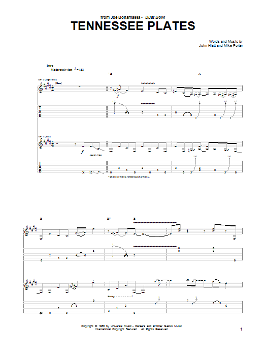 Joe Bonamassa Tennessee Plates sheet music notes and chords arranged for Guitar Tab