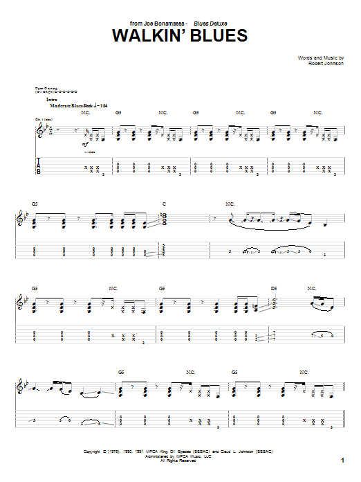 Joe Bonamassa Walkin' Blues sheet music notes and chords arranged for Guitar Tab