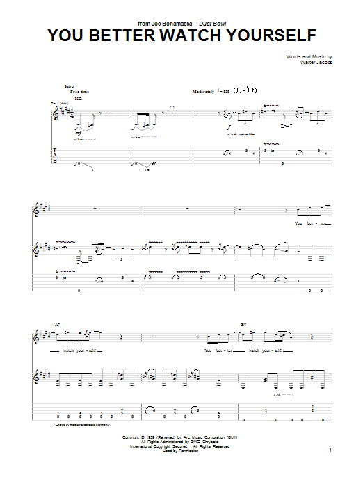 Joe Bonamassa You Better Watch Yourself sheet music notes and chords arranged for Guitar Tab