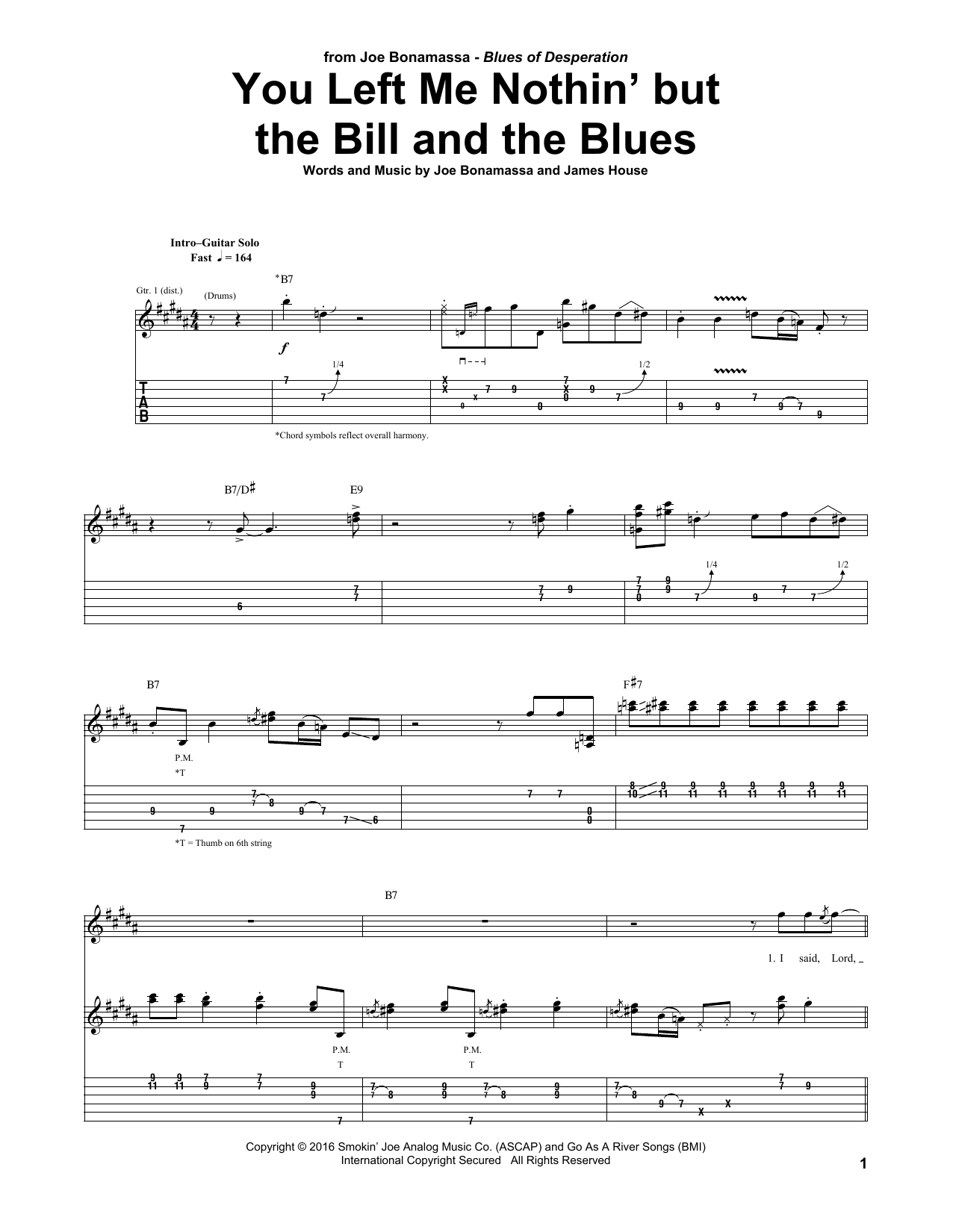 Joe Bonamassa You Left Me Nothin' But The Bill And The Blues sheet music notes and chords arranged for Guitar Tab