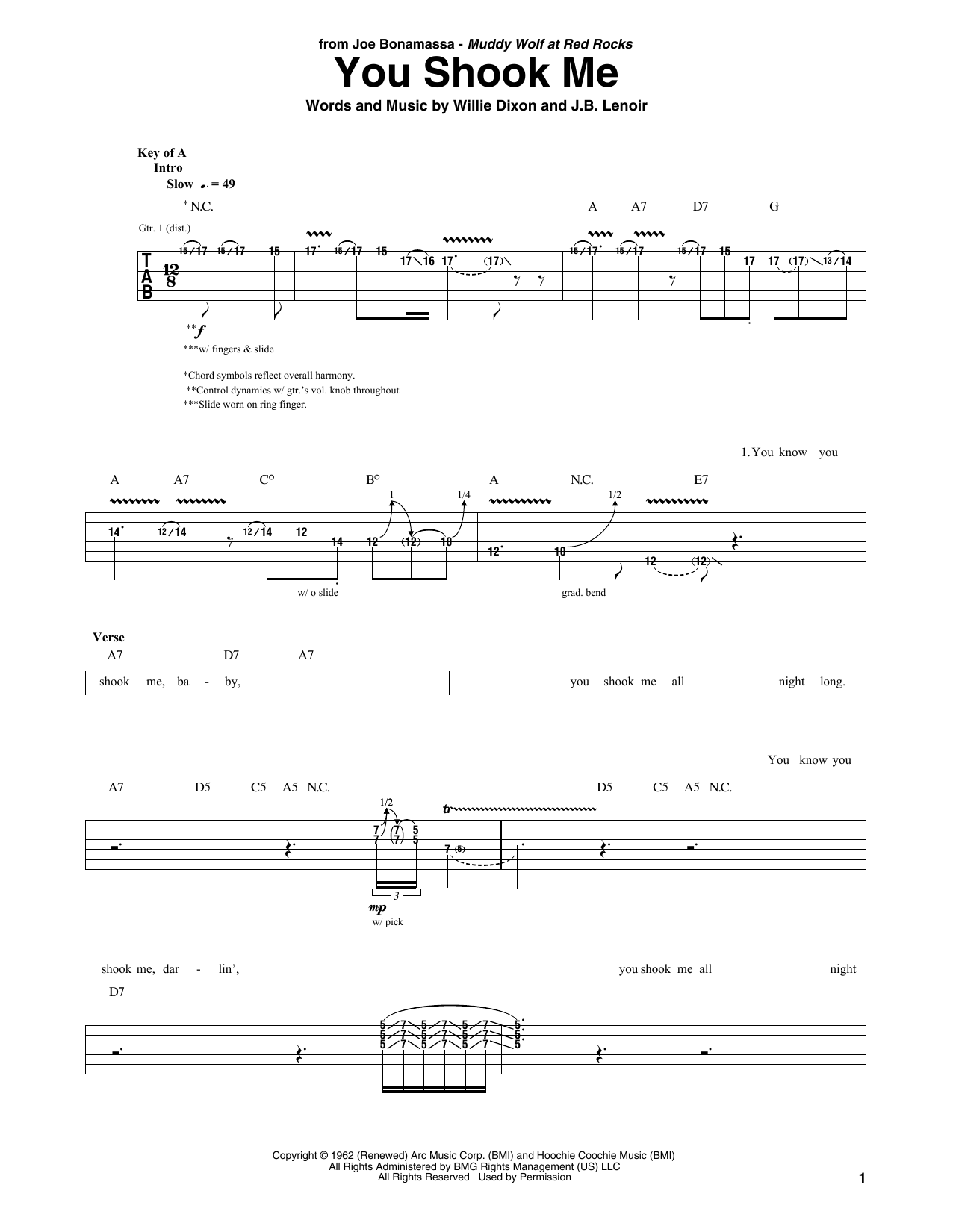Joe Bonamassa You Shook Me sheet music notes and chords arranged for Guitar Rhythm Tab