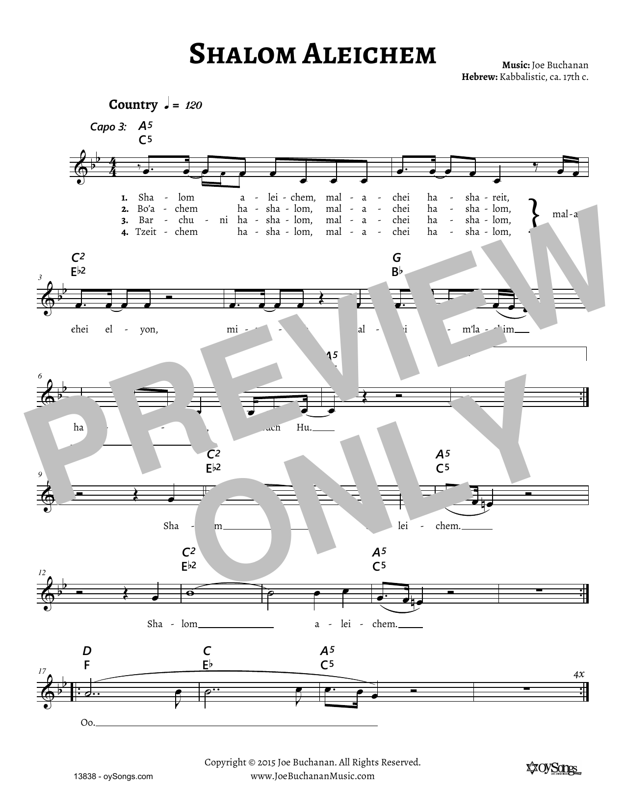 Joe Buchanan Shalom Aleichem sheet music notes and chords arranged for Lead Sheet / Fake Book