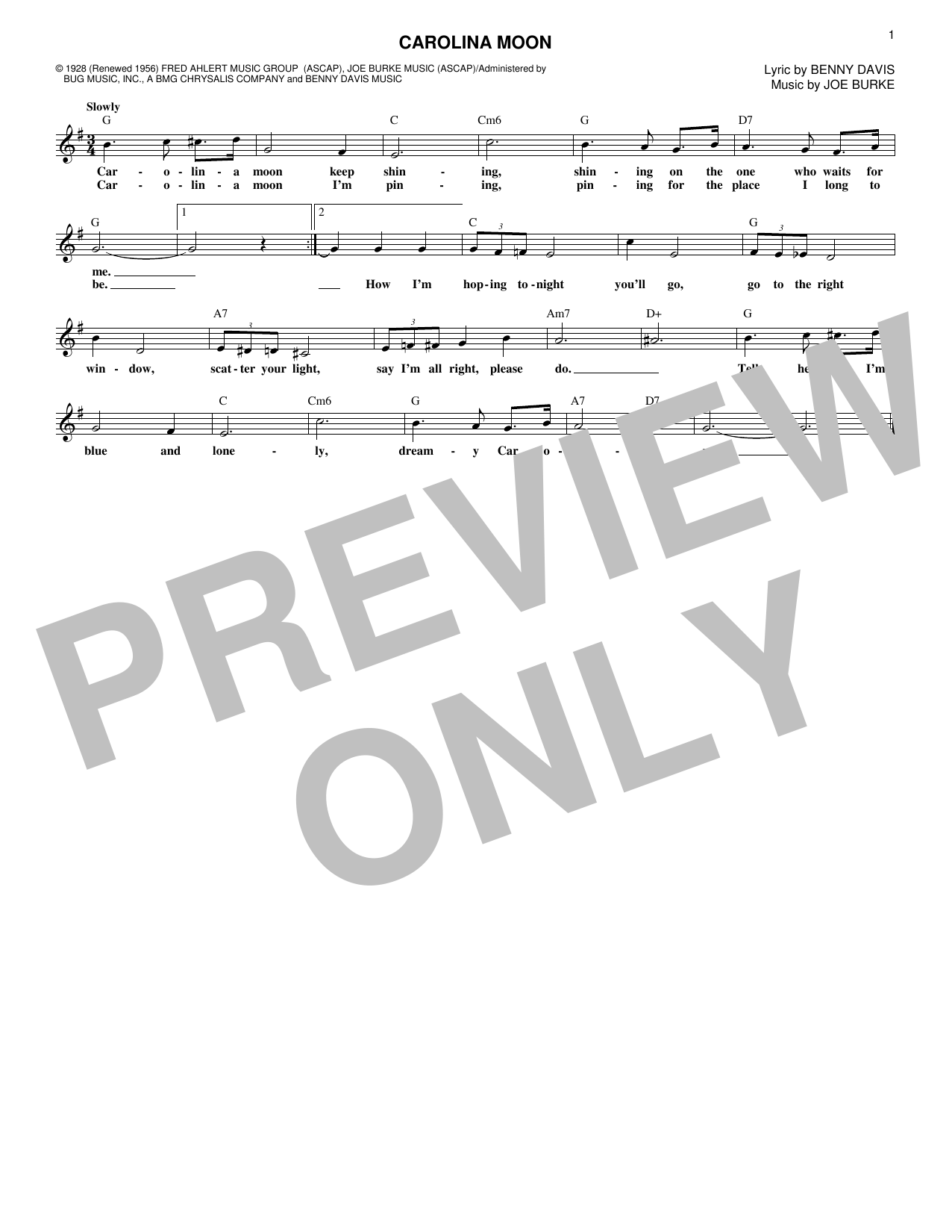 Joe Burke Carolina Moon sheet music notes and chords arranged for Lead Sheet / Fake Book
