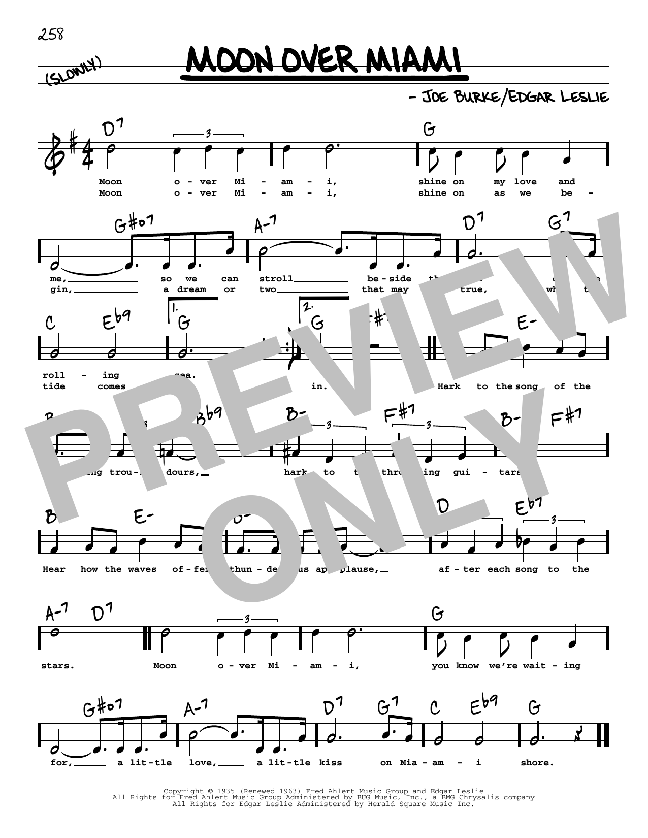 Joe Burke Moon Over Miami (High Voice) sheet music notes and chords arranged for Real Book – Melody, Lyrics & Chords