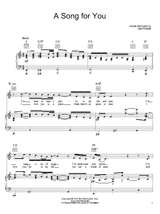 Joe Cocker A Song For You sheet music notes and chords arranged for Piano, Vocal & Guitar Chords (Right-Hand Melody)
