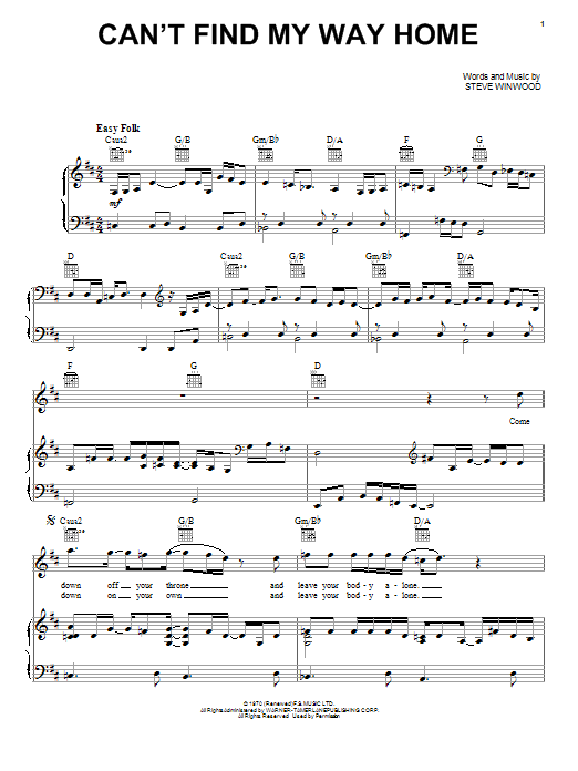 Joe Cocker Can't Find My Way Home sheet music notes and chords arranged for Piano, Vocal & Guitar Chords (Right-Hand Melody)