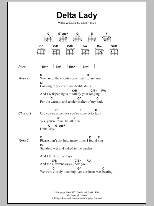 Joe Cocker Delta Lady sheet music notes and chords arranged for Guitar Chords/Lyrics