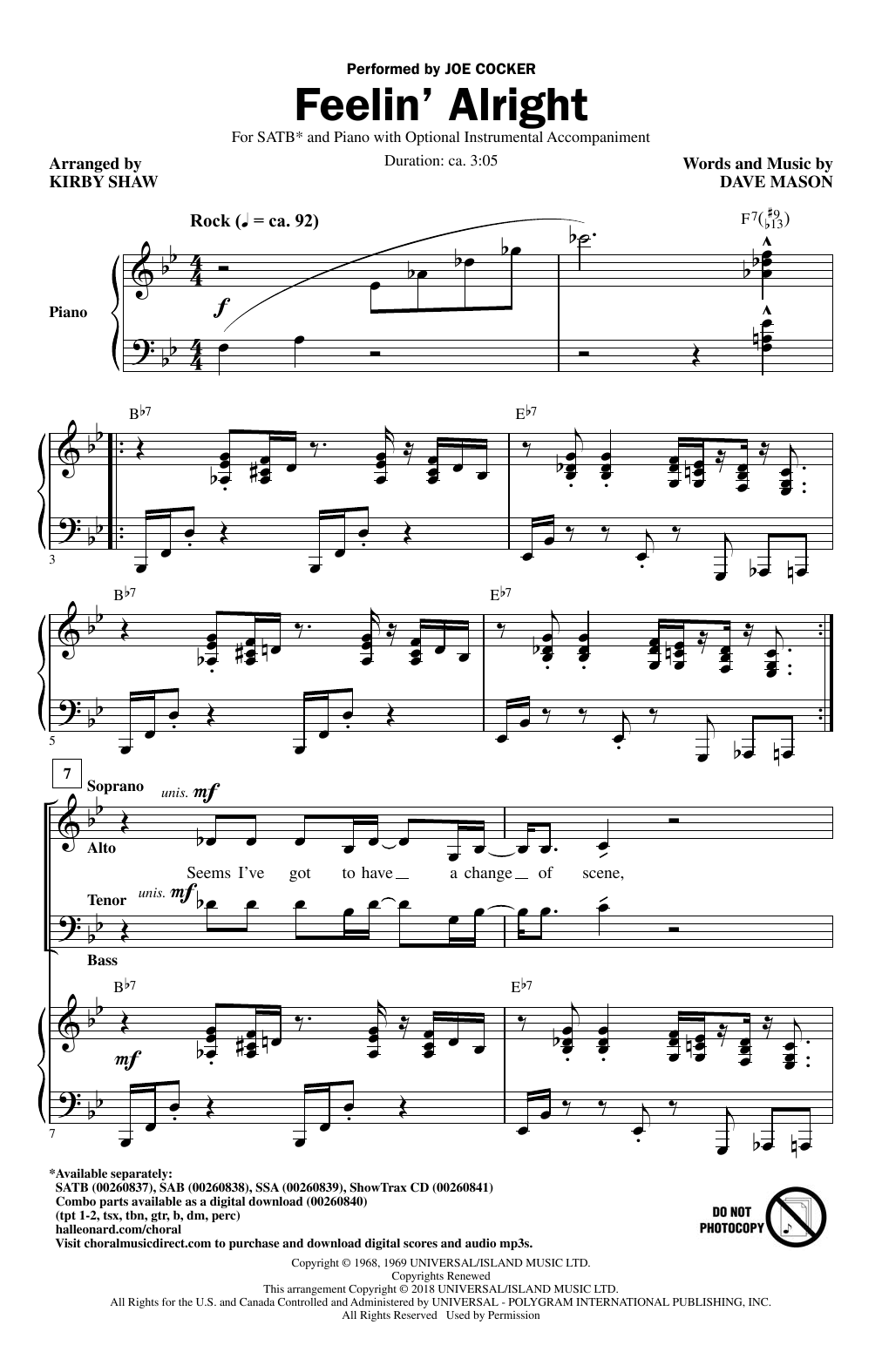 Joe Cocker Feelin' Alright (arr. Kirby Shaw) sheet music notes and chords arranged for SATB Choir