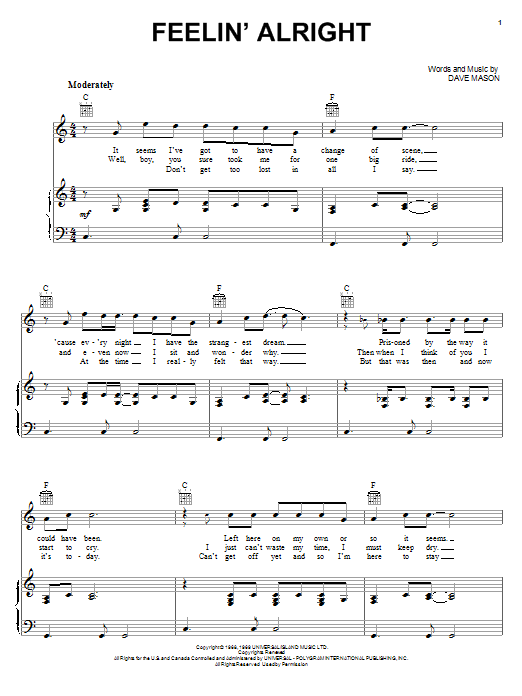 Joe Cocker Feelin' Alright sheet music notes and chords arranged for Piano, Vocal & Guitar Chords (Right-Hand Melody)