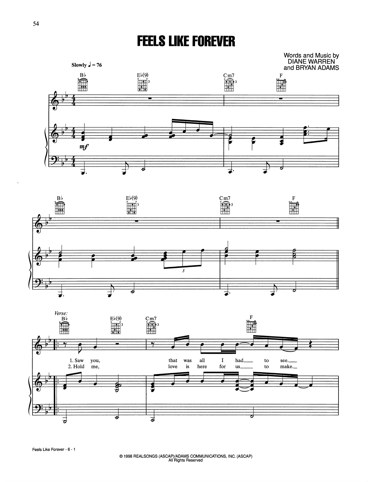 Joe Cocker Feels Like Forever sheet music notes and chords arranged for Piano, Vocal & Guitar Chords (Right-Hand Melody)