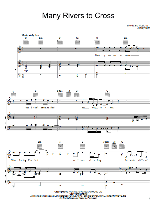 Joe Cocker Many Rivers To Cross sheet music notes and chords arranged for Piano, Vocal & Guitar Chords (Right-Hand Melody)