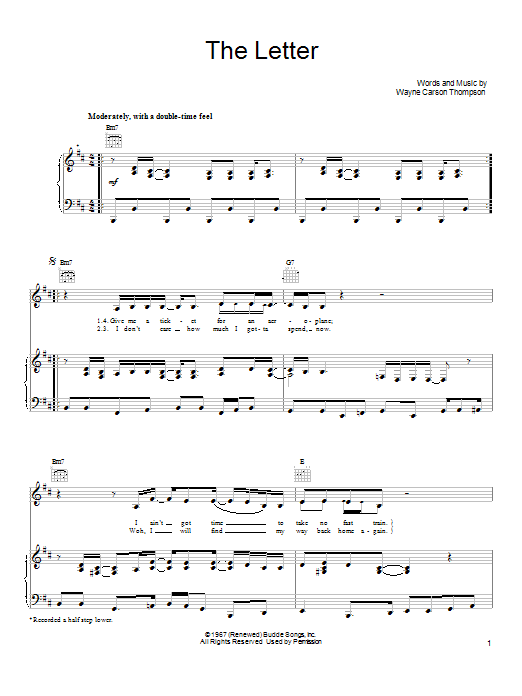 Joe Cocker The Letter sheet music notes and chords arranged for Piano, Vocal & Guitar Chords (Right-Hand Melody)