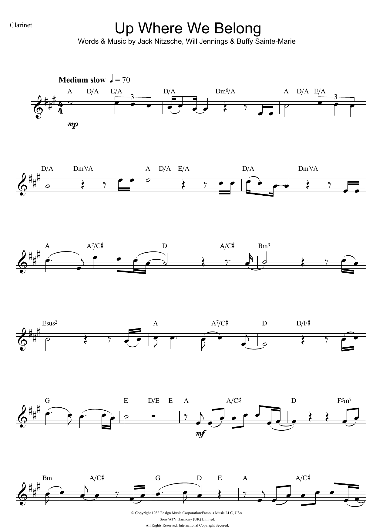 Joe Cocker Up Where We Belong (from An Officer And A Gentleman) sheet music notes and chords arranged for Clarinet Solo