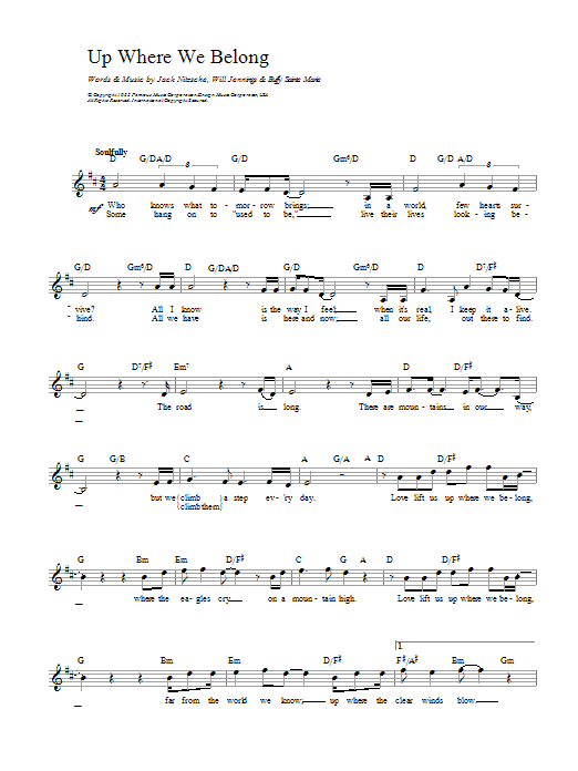 Joe Cocker Up Where We Belong sheet music notes and chords arranged for Piano, Vocal & Guitar Chords