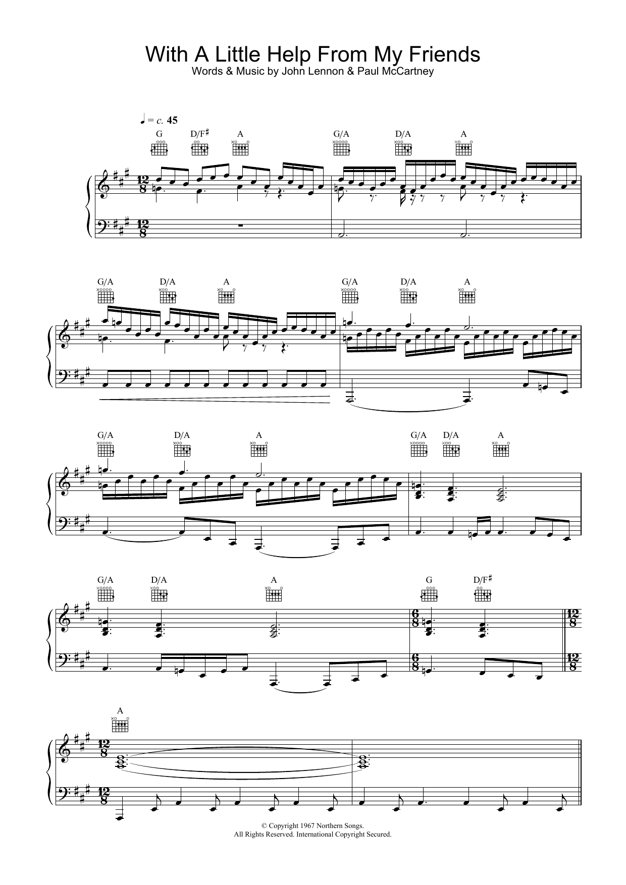 Joe Cocker With A Little Help From My Friends sheet music notes and chords arranged for Piano, Vocal & Guitar Chords