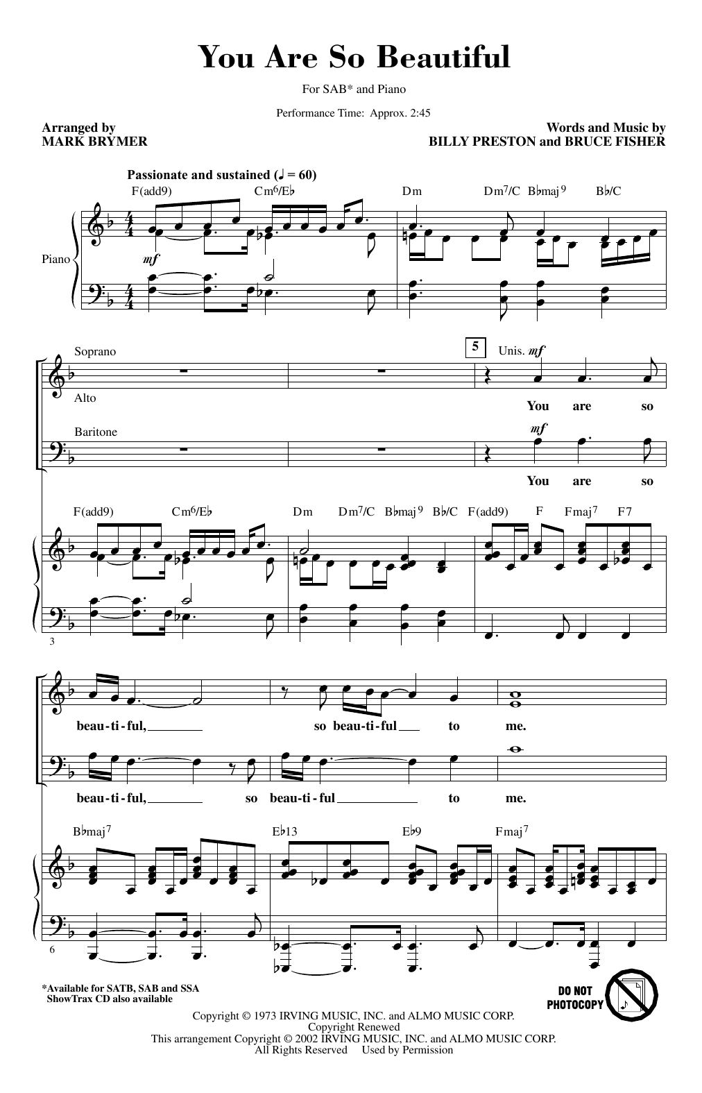Joe Cocker You Are So Beautiful (arr. Mark Brymer) sheet music notes and chords arranged for SAB Choir