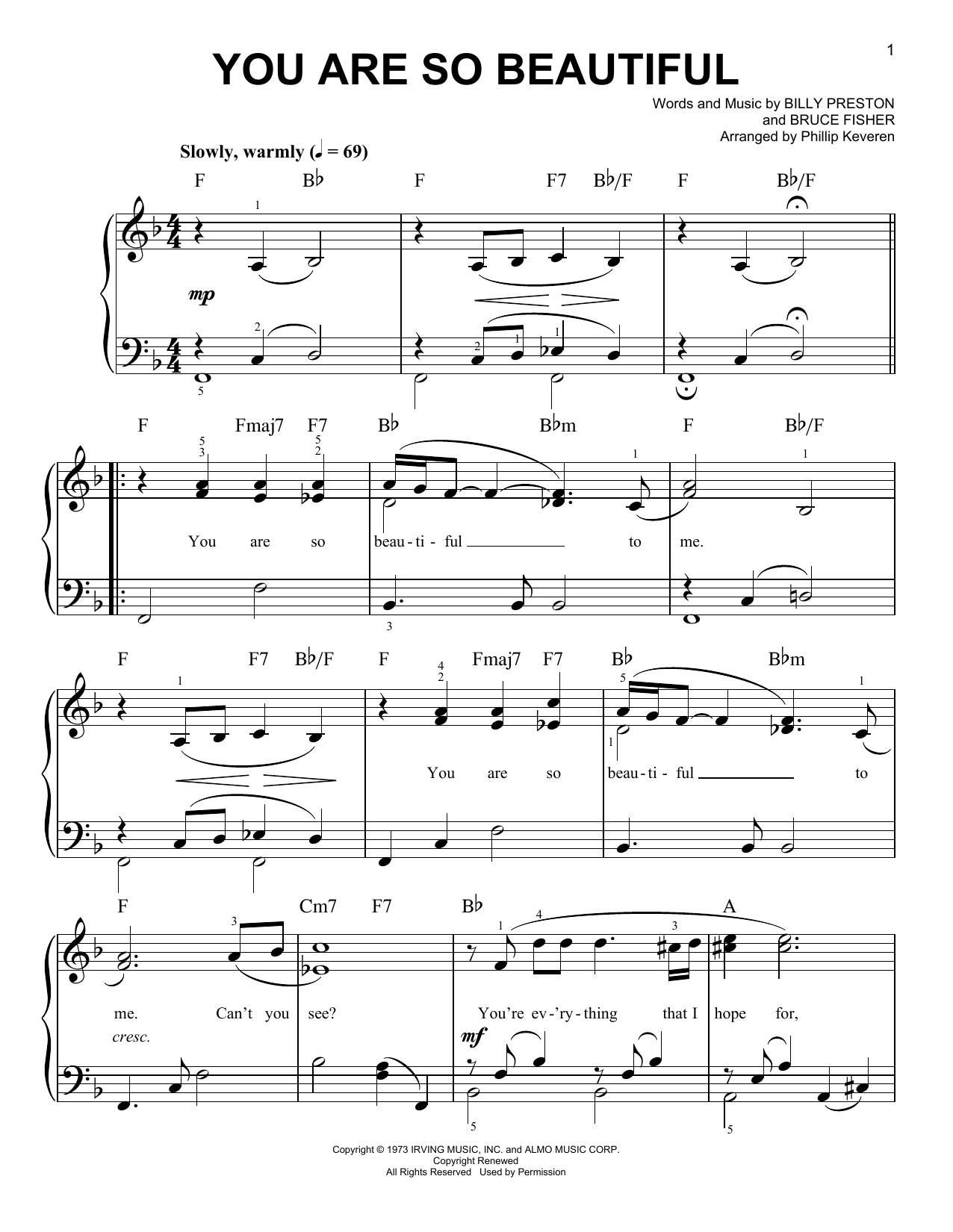 Joe Cocker You Are So Beautiful (arr. Phillip Keveren) sheet music notes and chords arranged for Easy Piano