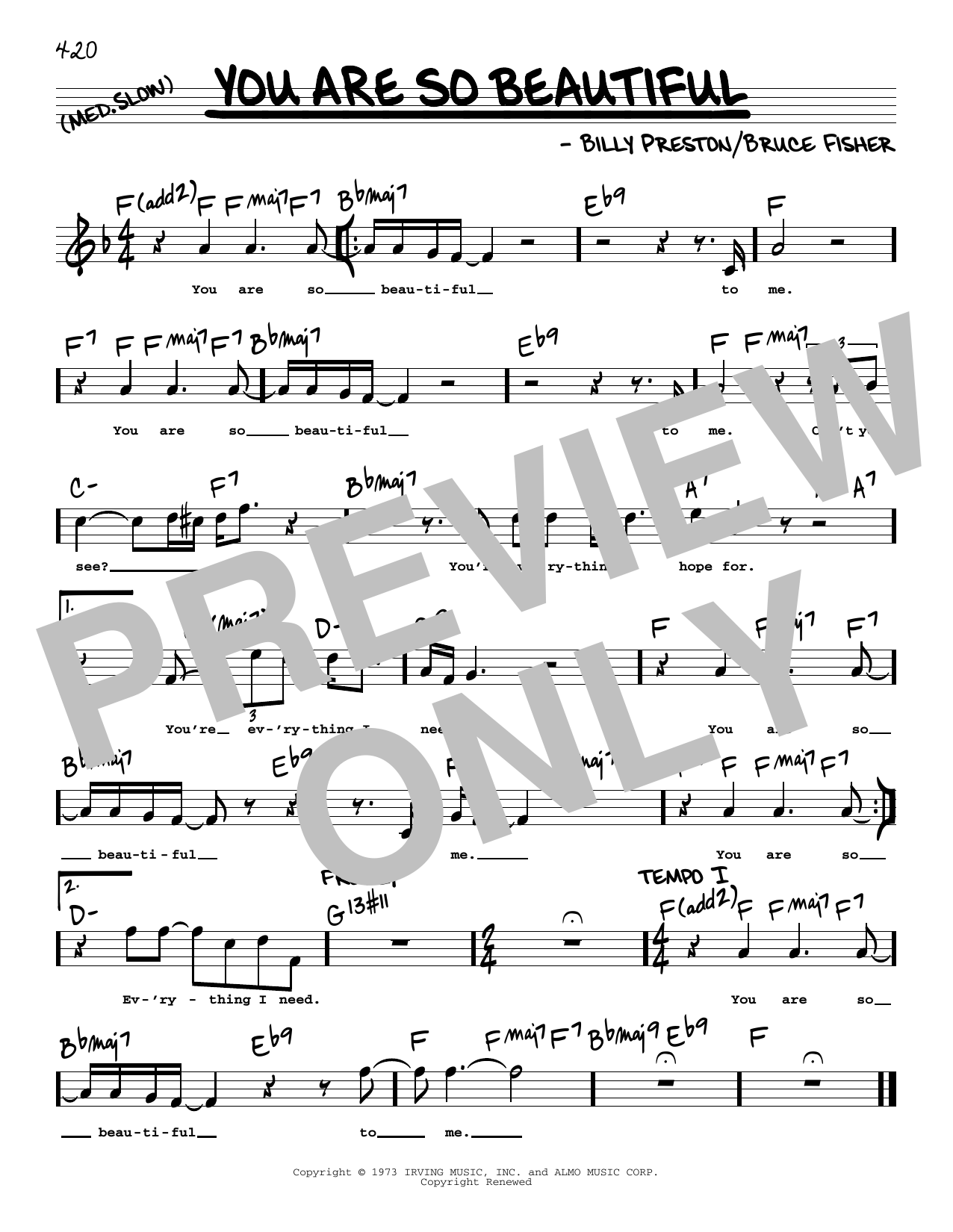 Joe Cocker You Are So Beautiful (High Voice) sheet music notes and chords arranged for Real Book – Melody, Lyrics & Chords