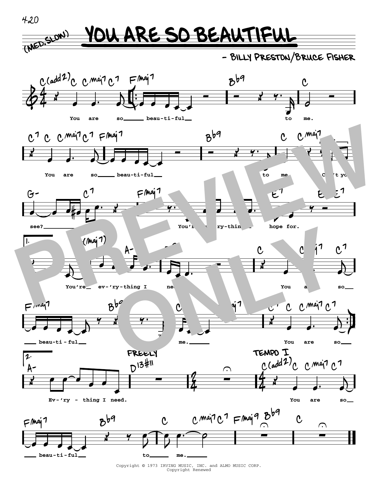 Joe Cocker You Are So Beautiful (Low Voice) sheet music notes and chords arranged for Real Book – Melody, Lyrics & Chords