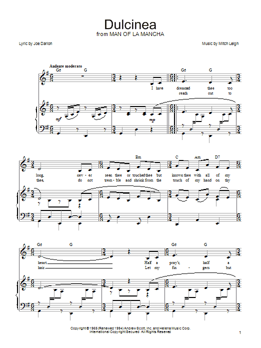 Joe Darion Dulcinea sheet music notes and chords arranged for Piano, Vocal & Guitar Chords (Right-Hand Melody)