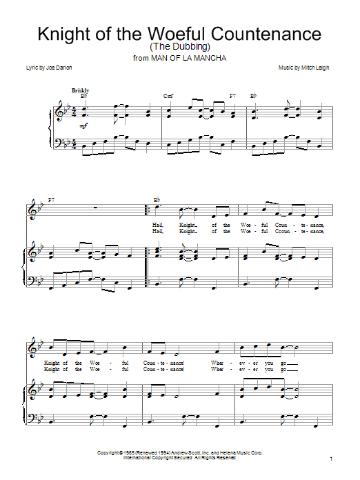 Joe Darion Knight Of The Woeful Countenance (The Dubbing) sheet music notes and chords arranged for Piano, Vocal & Guitar Chords (Right-Hand Melody)