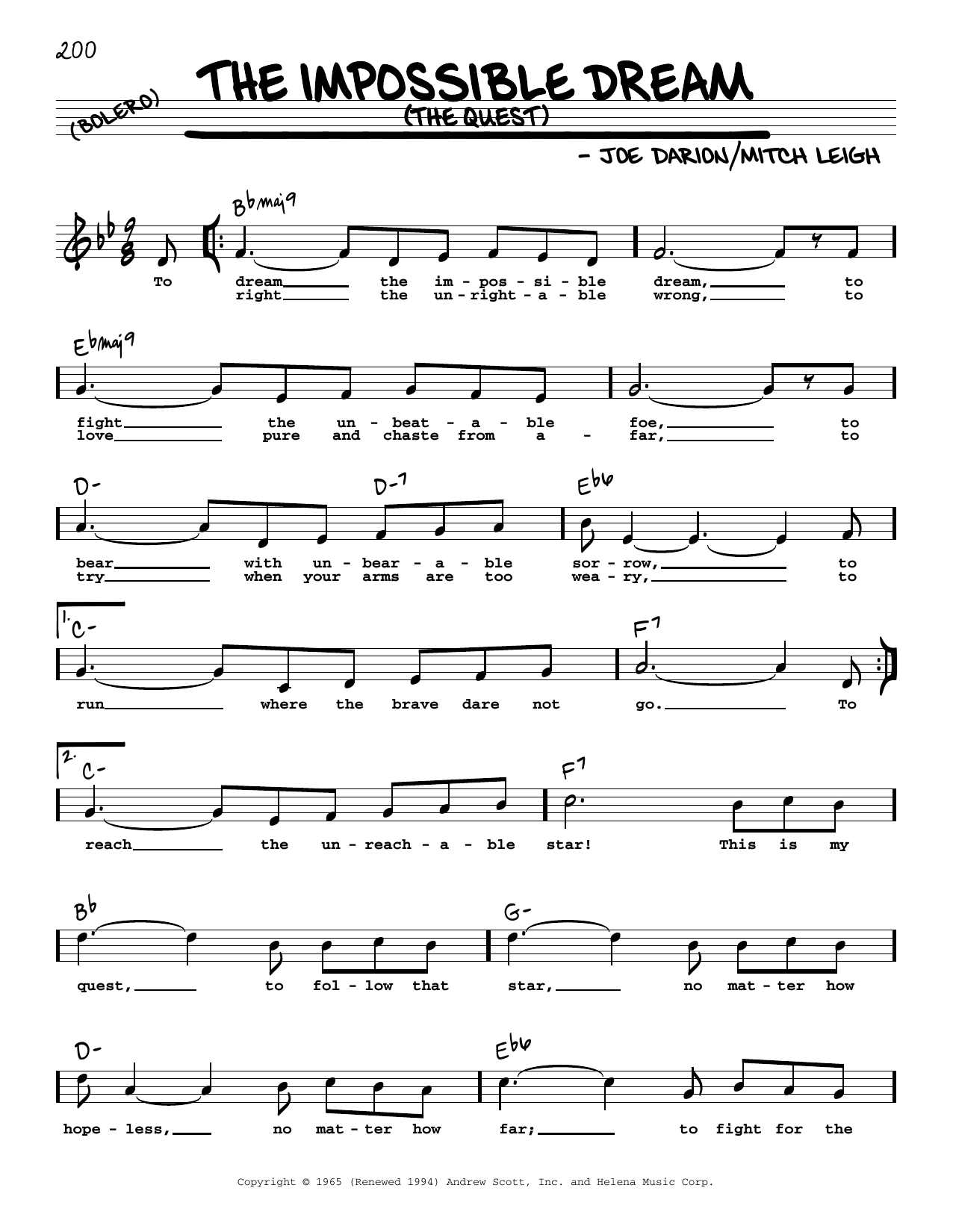 Joe Darion The Impossible Dream (The Quest) (High Voice) sheet music notes and chords arranged for Real Book – Melody, Lyrics & Chords