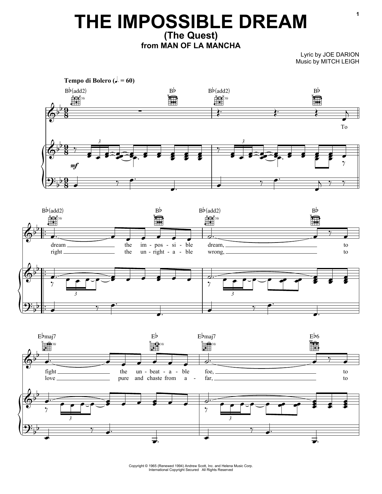 Joe Darion The Impossible Dream (The Quest) sheet music notes and chords arranged for Piano & Vocal