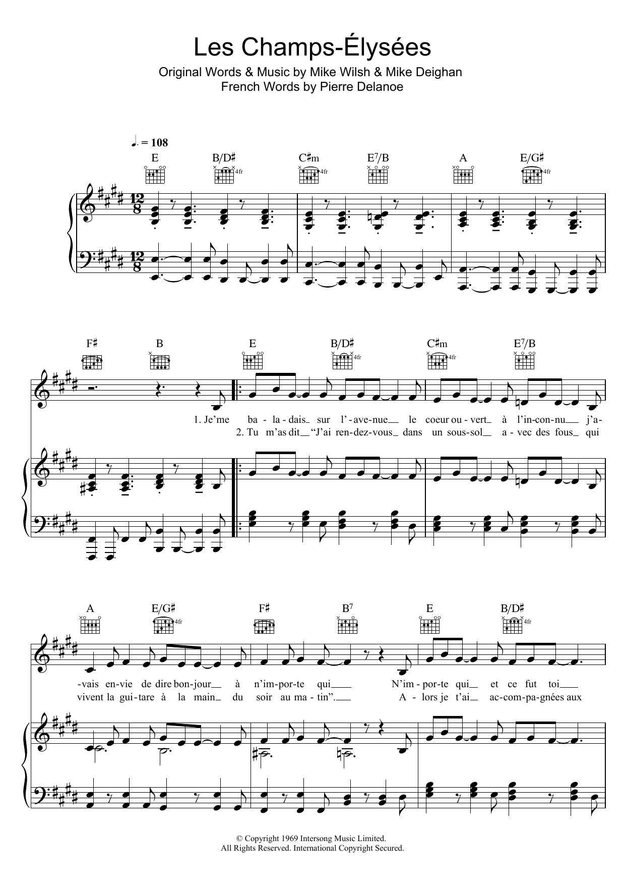 Joe Dassin Les Champs Elysees sheet music notes and chords arranged for Piano, Vocal & Guitar Chords