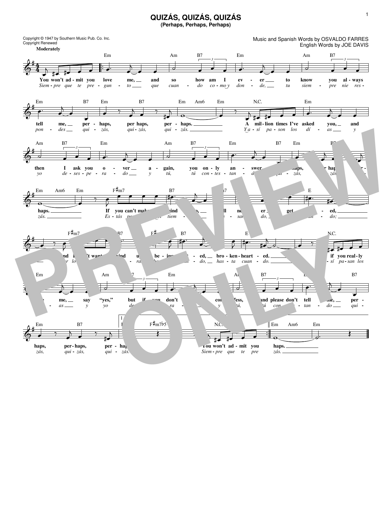 Joe Davis Quizas, Quizas, Quizas (Perhaps, Perhaps, Perhaps) sheet music notes and chords arranged for Very Easy Piano