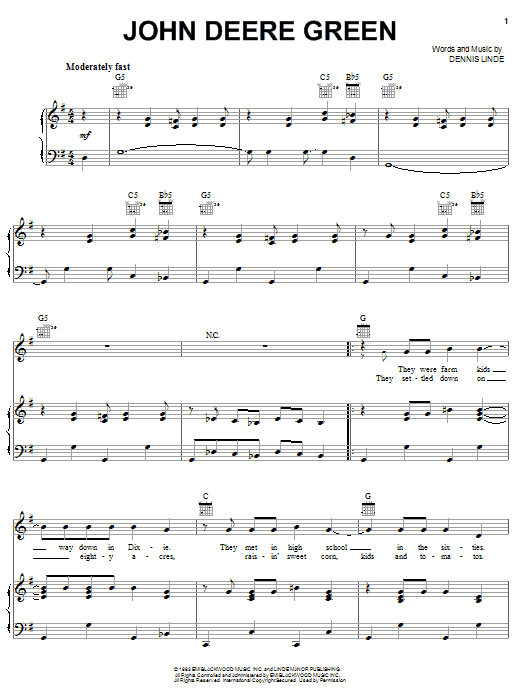 Joe Diffie John Deere Green sheet music notes and chords arranged for Piano, Vocal & Guitar Chords (Right-Hand Melody)