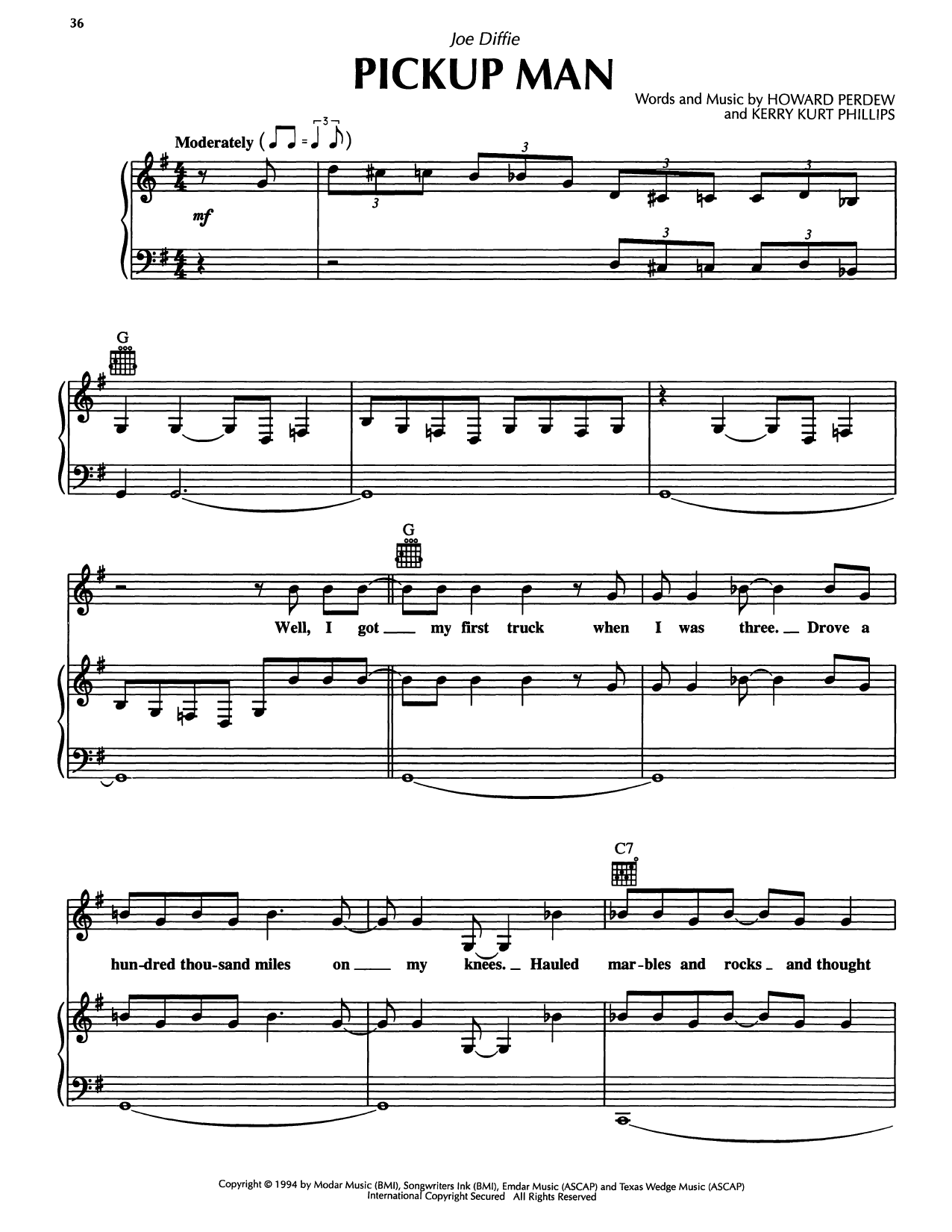 Joe Diffie Pickup Man sheet music notes and chords arranged for Piano, Vocal & Guitar Chords (Right-Hand Melody)