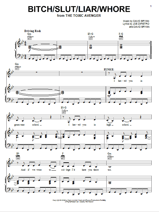 Joe DiPietro Bitch/Slut/Liar/Whore sheet music notes and chords arranged for Piano, Vocal & Guitar Chords (Right-Hand Melody)