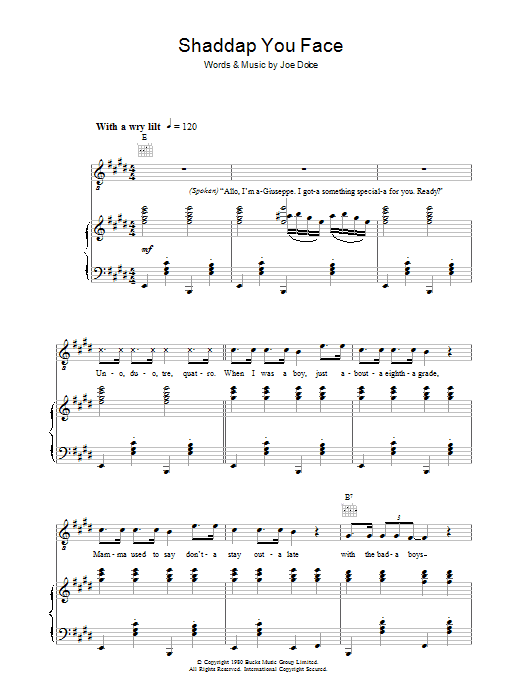 Joe Dolce Shaddap You Face sheet music notes and chords arranged for Piano, Vocal & Guitar Chords