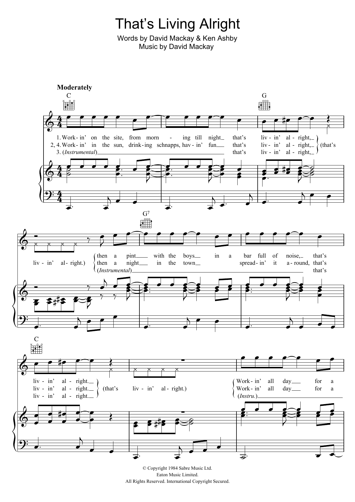 Joe Fagin That's Livin' Alright sheet music notes and chords arranged for Piano, Vocal & Guitar Chords