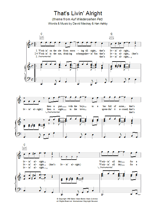 Joe Fagin That's Livin' Alright (theme from Auf Wiedersehen Pet) sheet music notes and chords arranged for Piano, Vocal & Guitar Chords