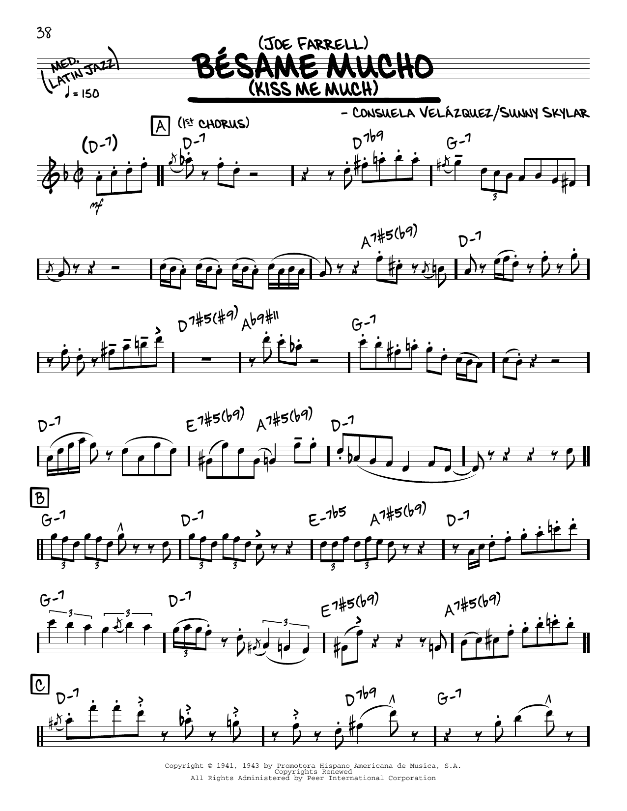 Joe Farrell Bésame Mucho (Kiss Me Much) (solo only) sheet music notes and chords arranged for Real Book – Melody & Chords