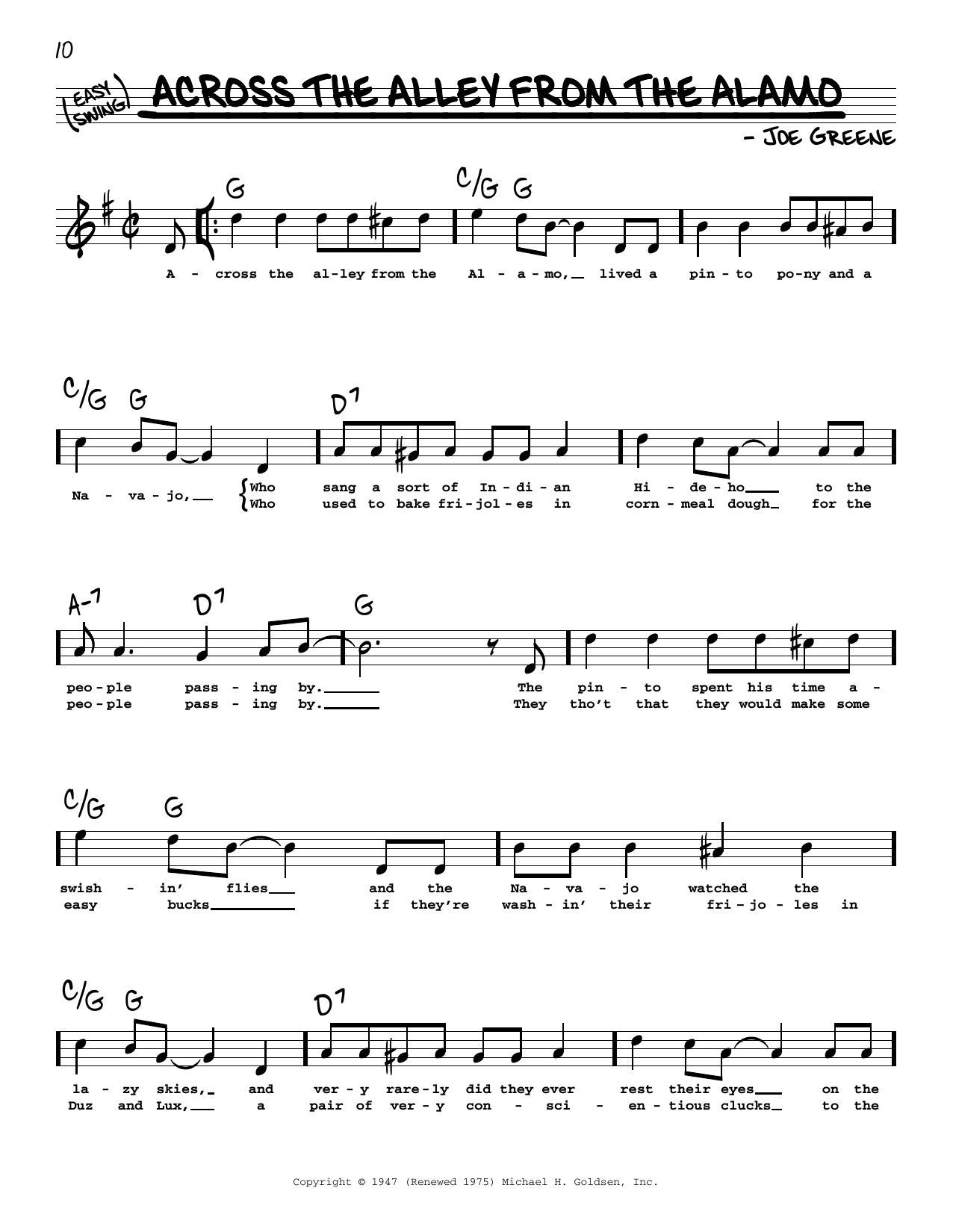 Joe Greene Across The Alley From The Alamo (High Voice) sheet music notes and chords arranged for Real Book – Melody, Lyrics & Chords