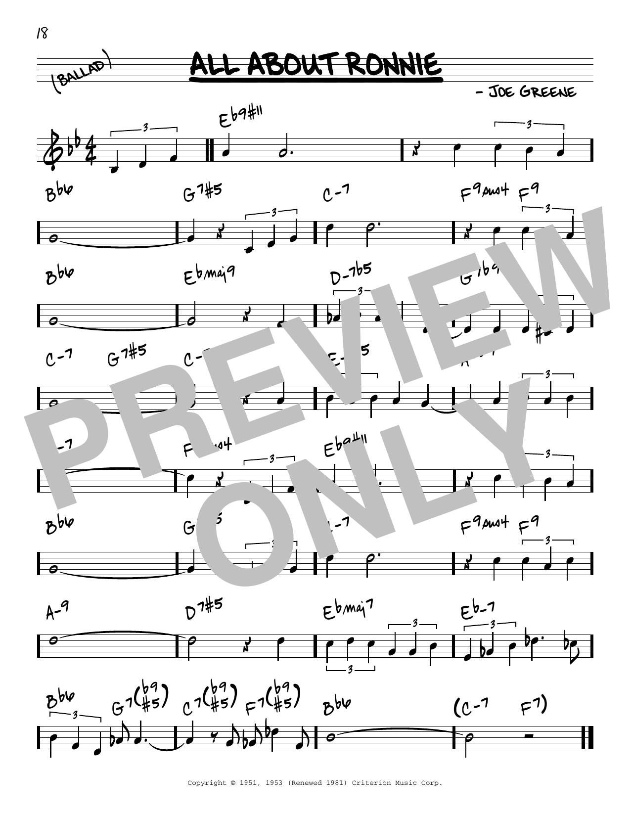 Joe Greene All About Ronnie sheet music notes and chords arranged for Real Book – Melody & Chords