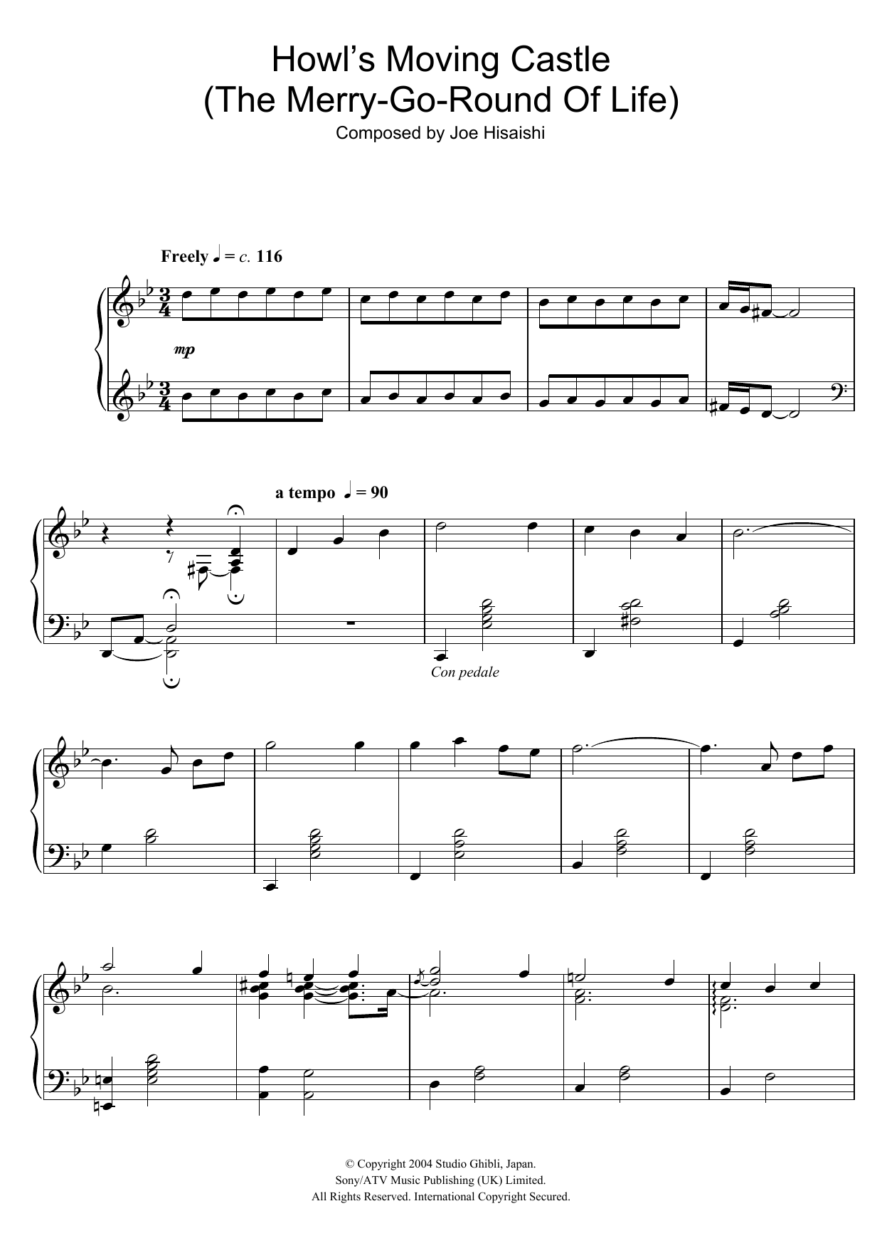 Joe Hisaishi Howl's Moving Castle (The Merry-Go-Round Of Life) sheet music notes and chords arranged for Piano Solo