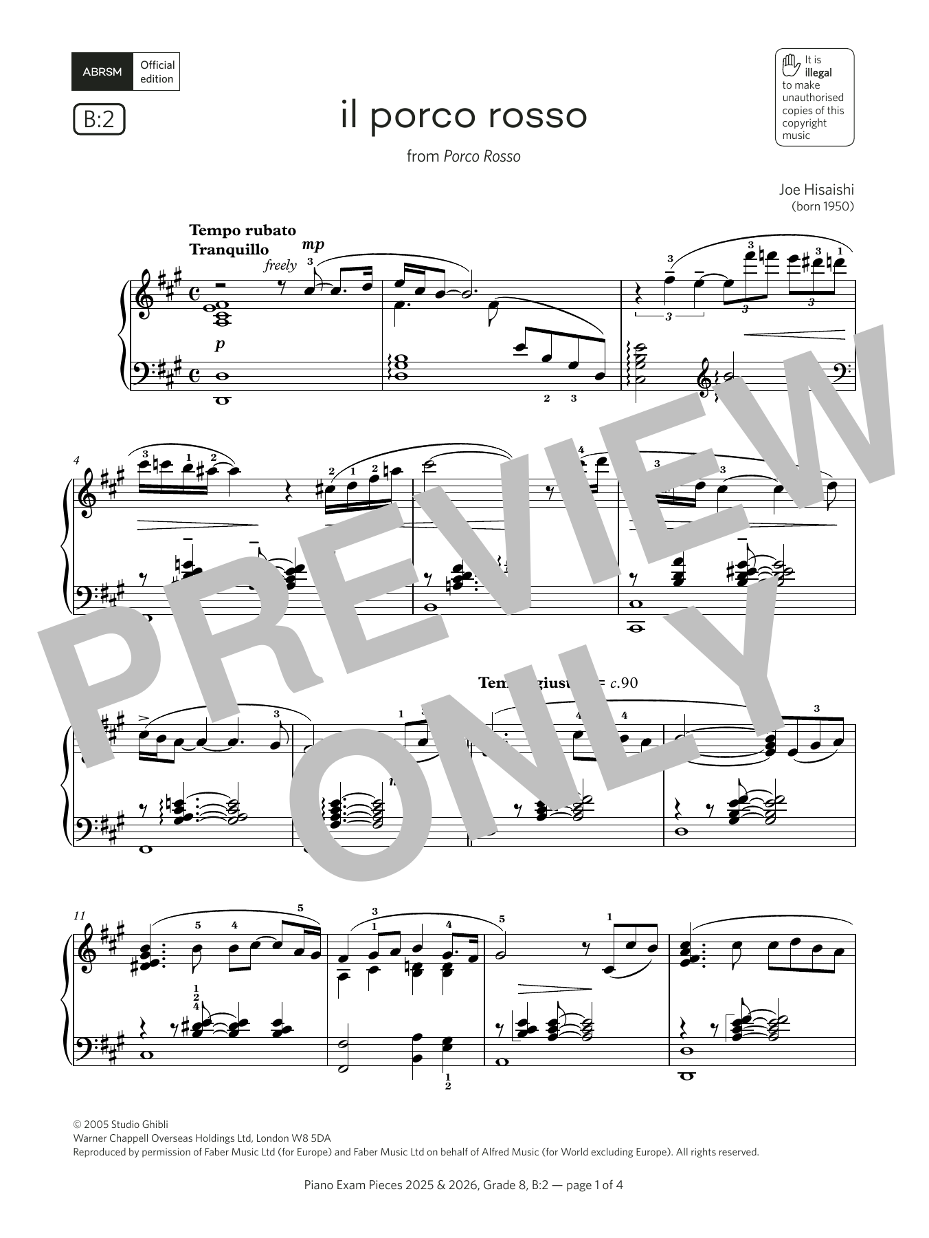 Joe Hisaishi il porco rosso (Grade 8, list B2, from the ABRSM Piano Syllabus 2025 & 2026) sheet music notes and chords arranged for Piano Solo