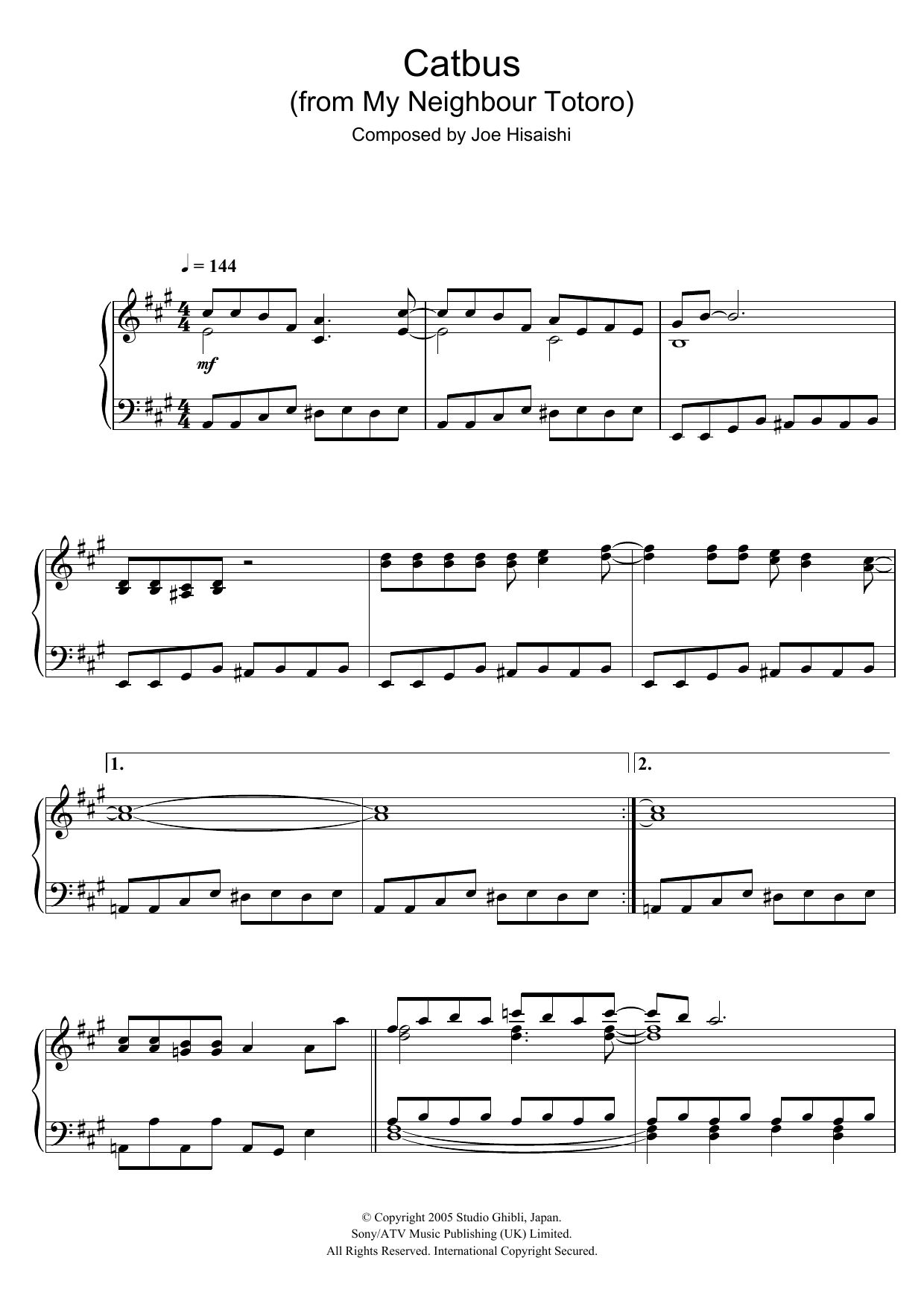 Joe Hisaishi My Neighbour Totoro (Catbus) sheet music notes and chords arranged for Piano Solo