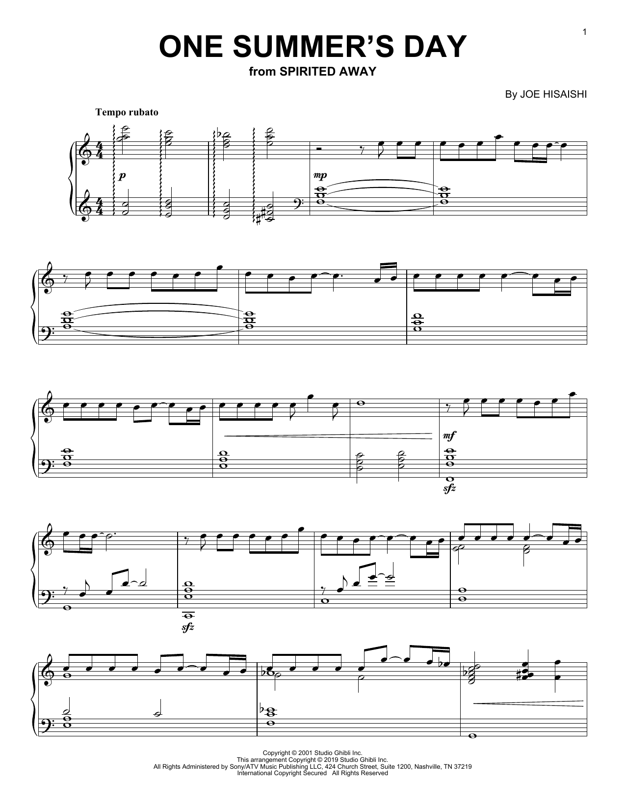 Joe Hisaishi One Summer's Day (from Spirited Away) sheet music notes and chords arranged for Piano Solo